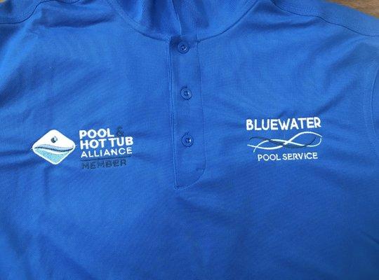 Bluewater Pool Service embroidered polos! We worked very closely to help them with their logo and color scheme.