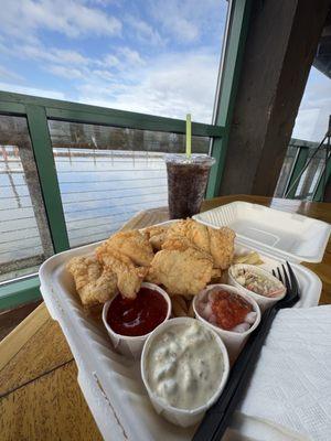 Full Size Fish and Chips (Rockfish) with mini slaw and mini shrimp cocktail, ketchup and Tartar Sauce!