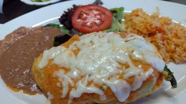 Yummy Chile relleno, beans and rice.