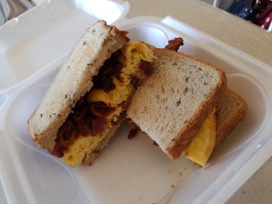 Egg and cheese sandwich with Bacon on Rye!