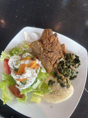 Fried chicken, grits, and collard greens! Flavors were amazing!