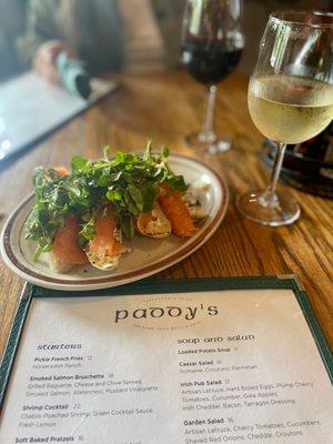 Smoked Salmon Bruschetta, Chateau Elan Sauvignon Blanc, with the Chateau Elan Scarlet in the back.