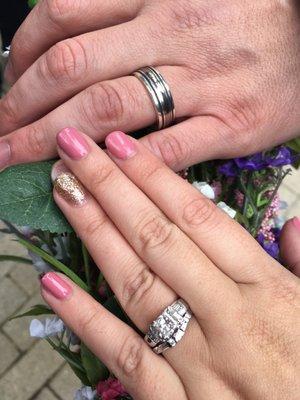 Wedding photo of Women's engagement right and wedding band. (Matching set).