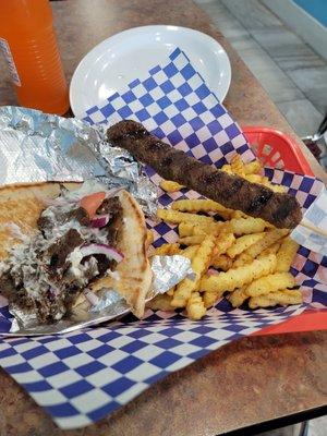 Gyro basket and beef kebab