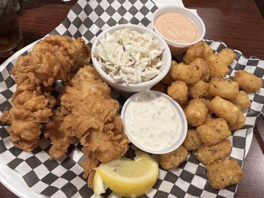 3 giant pieces of fish and special seasoned tater tots!