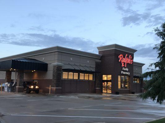 The West Side of the building that has the Pharmacy Drive-Thru in Lane 1 and the ATM in Lane 2