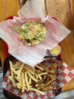 Ground Beef American Style Taco and Chicken Strips with fries.