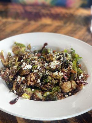 Fried Brussels with balsamic, feta and bacon