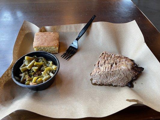 Moist brisket, green beans, and cornbread