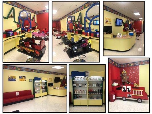 Check us out: Fancy chairs, TVs, Shampoo Station, Reception, Waiting Area, and Product Shelves.