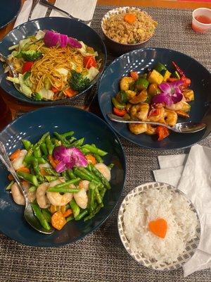 Veggie Chow Mein, Asparagus & Shrimp, and Kung Pao Shrimp