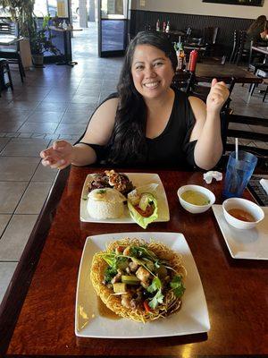 My fiancée with our foods