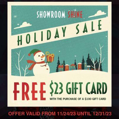 Holiday sale! Free $23 giftcard with the purchase of a $100 giftcard!