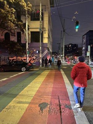 Nighttime with the rainbow cross walks for the original Seattle gayborhood