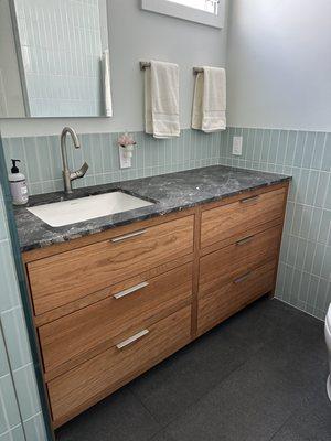 The gorgeous cherry vanity - looks great with the Fire Clay tile.