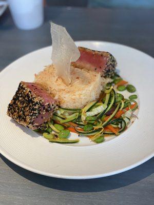 Sesame Seared Tuna Thai Chili Rice, Bok Choy & Edamame Stir-Fry | Miso Glaze