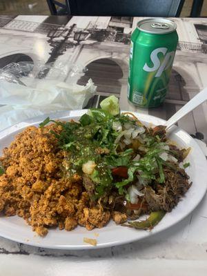 Chorizo & eggs and birria with hot corn tortillas.