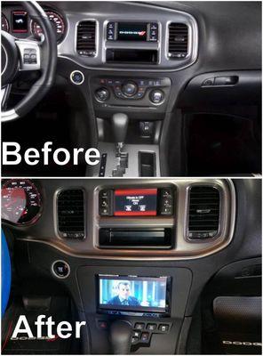 Radio upgrade in a Dodge Charger.