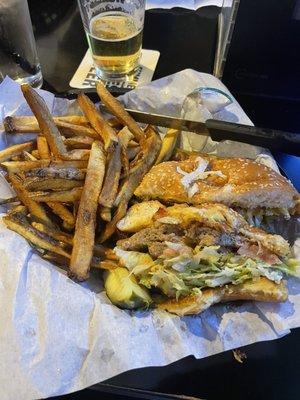 Bacon cheeseburger and fries