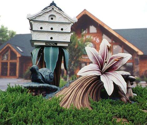 Sculptures in the parking lot by local artists.