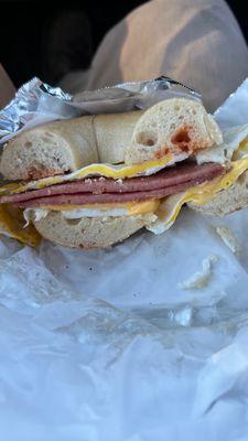 Pork roll egg and cheese on a plain bagel