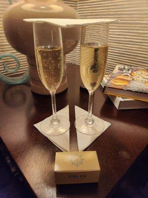 Our champagne awaiting us in the zen den room after we changed into our robes.