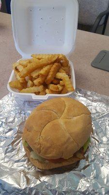 Deluxe Steak Burger with a side of Fries.