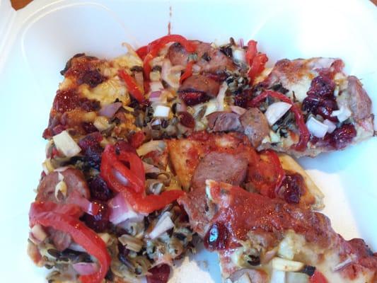 Loved the Smoky Bear Pizza 12"   Wild rice, various sausage, vegs, BBQ sauce. Very yummy homemade pizza! Try it. You'll love it!