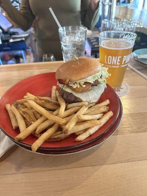 Pub Burger with fries and Lunch IPA