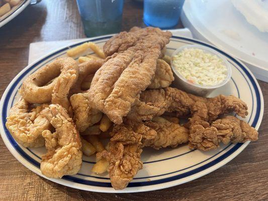 Three Item Combination (Grouper, Fried Chicken Tenders, and Jumbo Shrimp) with French Fries