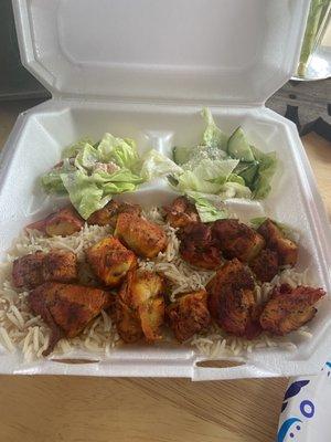 Chicken Sheesh Kebab Over Rice & Salad