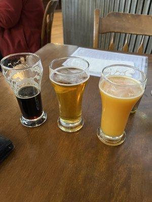 Flight:  Prinz of Power Oat Stout, Blondie Stout, and Roundabout Fruit IPA