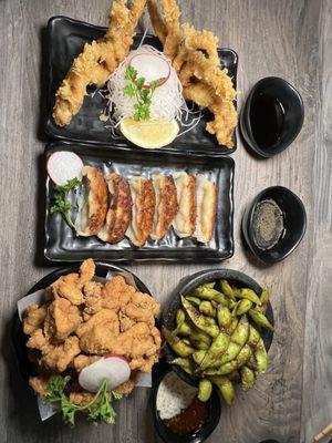 Soft Shell Crab , Veggie Gyoza, Sesame Chicken, Garlic Edamameedamame