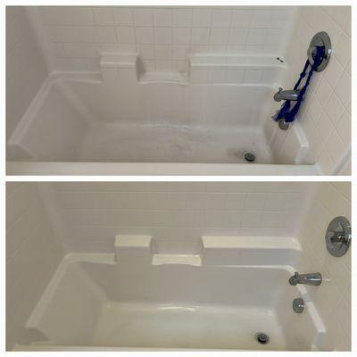 From dull and dirty to pristine and polished. Our professional team revitalized this bathtub. Comforts Cleaning Services delivers excellence