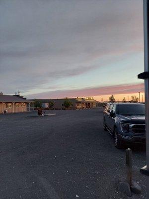 Sunset on the restaurant and store.