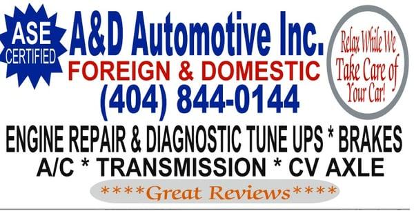 A&D Automotive Inc., has relocated from 1313 Sylvan Rd., SW to 1256 Sylvan Rd., SW, Atlanta GA 30310.  Please visit us at our new location.