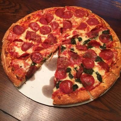 Hand tossed pizza.  Pepperoni with half spinach.