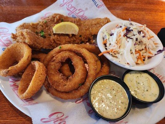 Fish fry with onion rings.