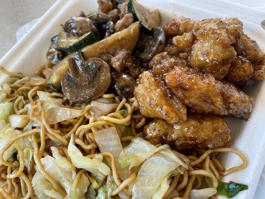 Chow mein with orange chicken and mushroom chicken