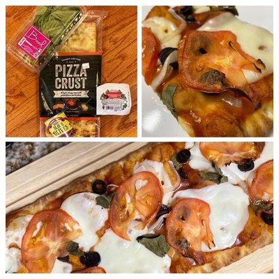 Flatbread pizza. Brush underside of crust w/EVOO, top w/pizza sauce, fresh mozz/tomato/basil & sliced olives. Bake @425/8m.