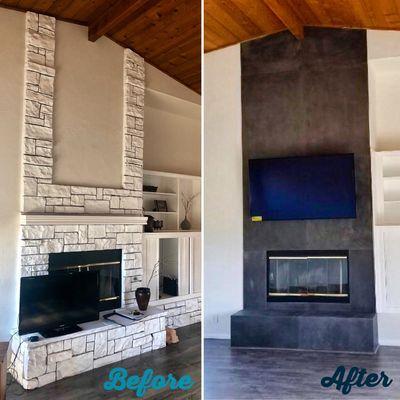 Fireplace Remodel. Installation of concrete panels and mounting of TV.