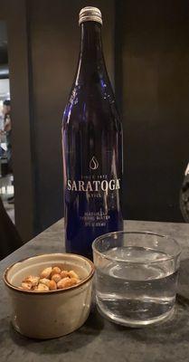 Saratoga Sparkling Water and complimentary snack