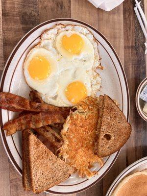 Eggs, Bacon, Ham, Sausage, Toast, and Hash-Browns