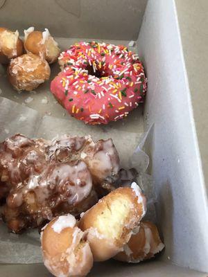 Apple fritter, glazed donut centers, rainbow sprinkles, glazed twist donuts!!