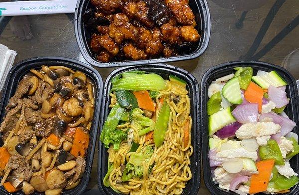 Orange Chicken, Beef and Mushrooms, Vegetable Lo Mein,  and Stir-Fried Szechuan Chicken (requested the sauce on the side)