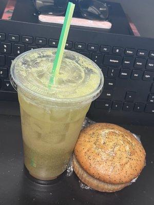 24 ounce iced caramel apple monster bite & a lemon poppyseed muffin