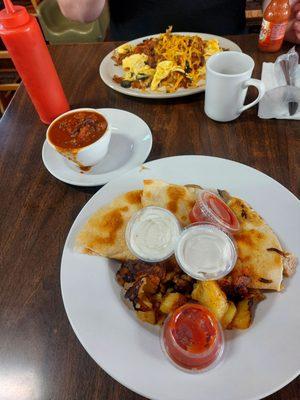 Breakfast Quesadilla and south of the border scrambler