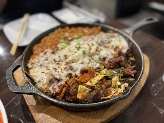 Spicy Stir Fried Pork & Kimchi Fried Rice Skillet