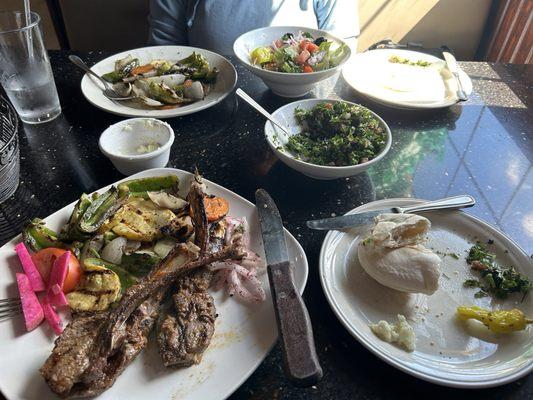 3 Lamb Chops, grilled veggies, Tabbouli Salad, Greek Salad, Garlic pretty much gone at this point :)