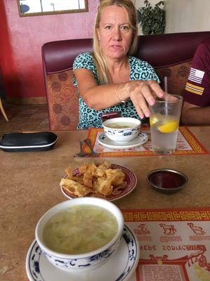 Paula with our bowls of egg drop soup with fried wontons.